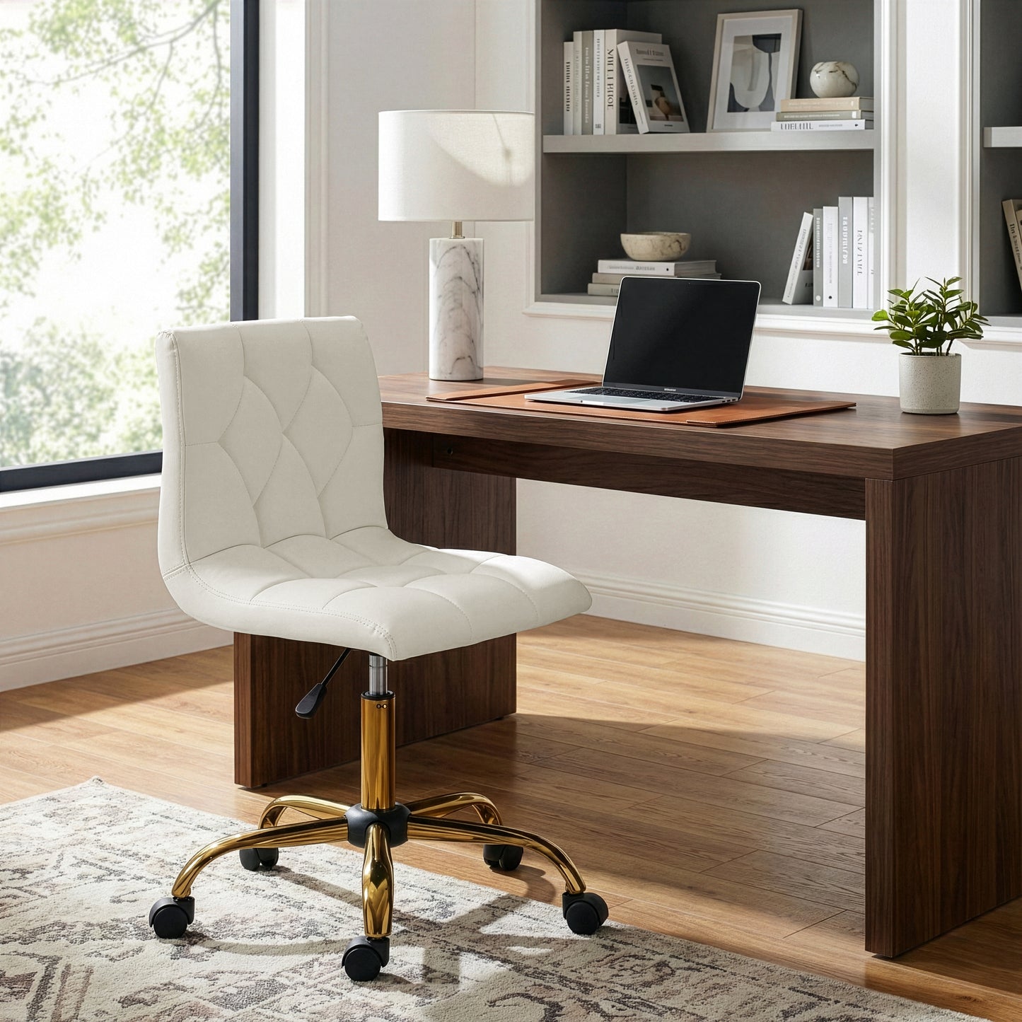 Aman Cream Upholstered Adjustable Height Swivel Office Chair with Golden Frame Wheel Base