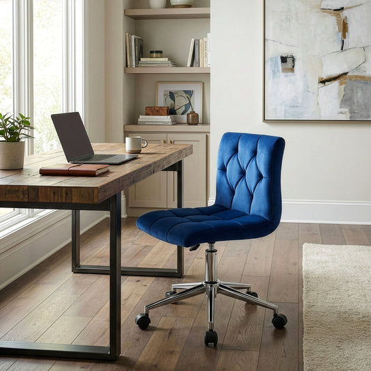 Amali Blue Velvet Upholstered Adjustable Height Swivel Office Chair with Wheel Base