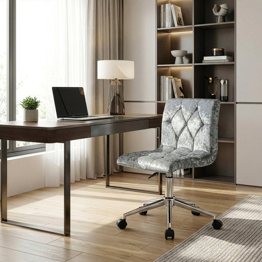 Amali Silver Velvet Upholstered Adjustable Height Swivel Office Chair with Wheel Base