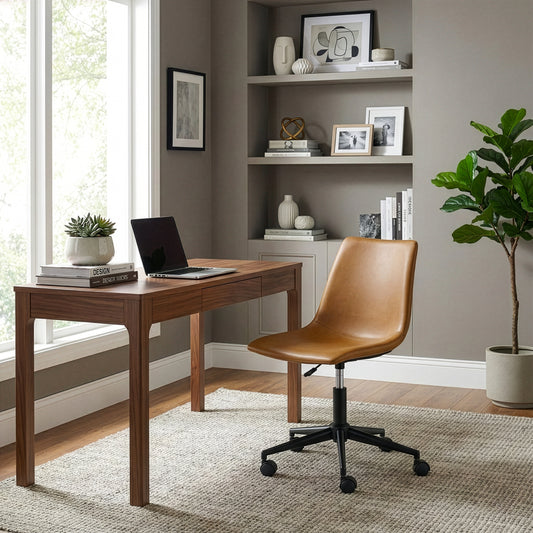 Adan Light Brown Faux Leather Adjustable Height Swivel Office Chair with Wheel Base