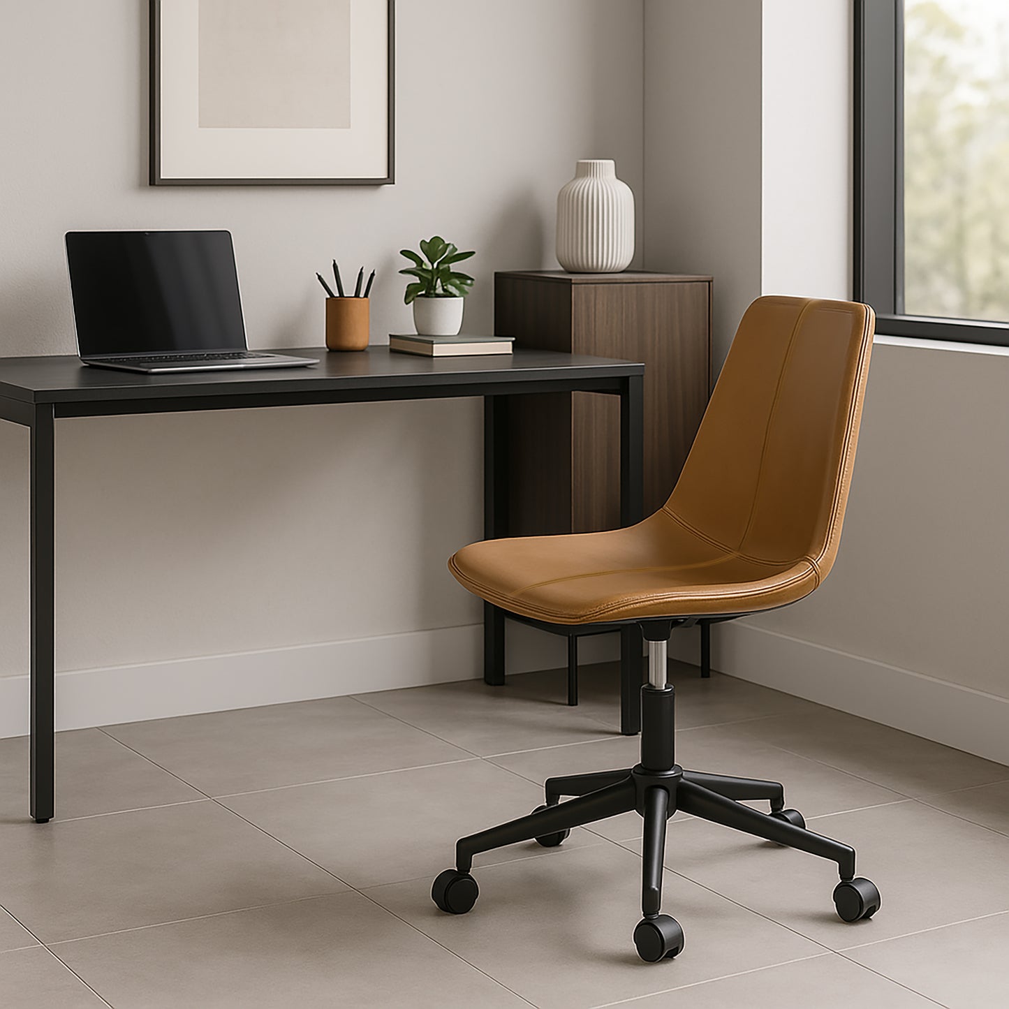 Amery Light Brown Faux Leather Adjustable Height Swivel Office Chair with Wheel Base