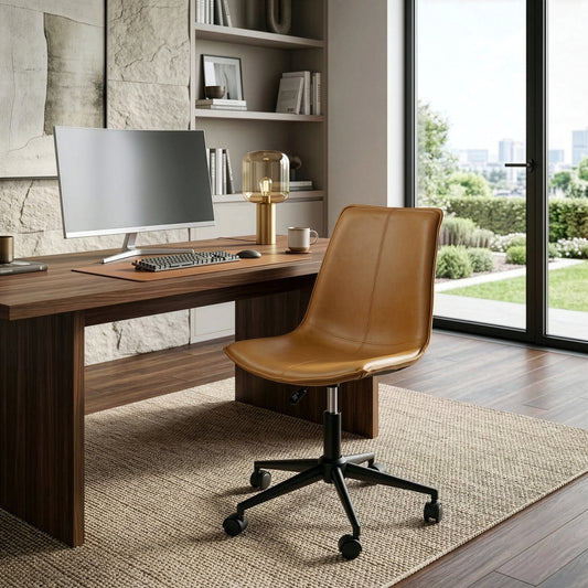 Amery Light Brown Faux Leather Adjustable Height Swivel Office Chair with Wheel Base