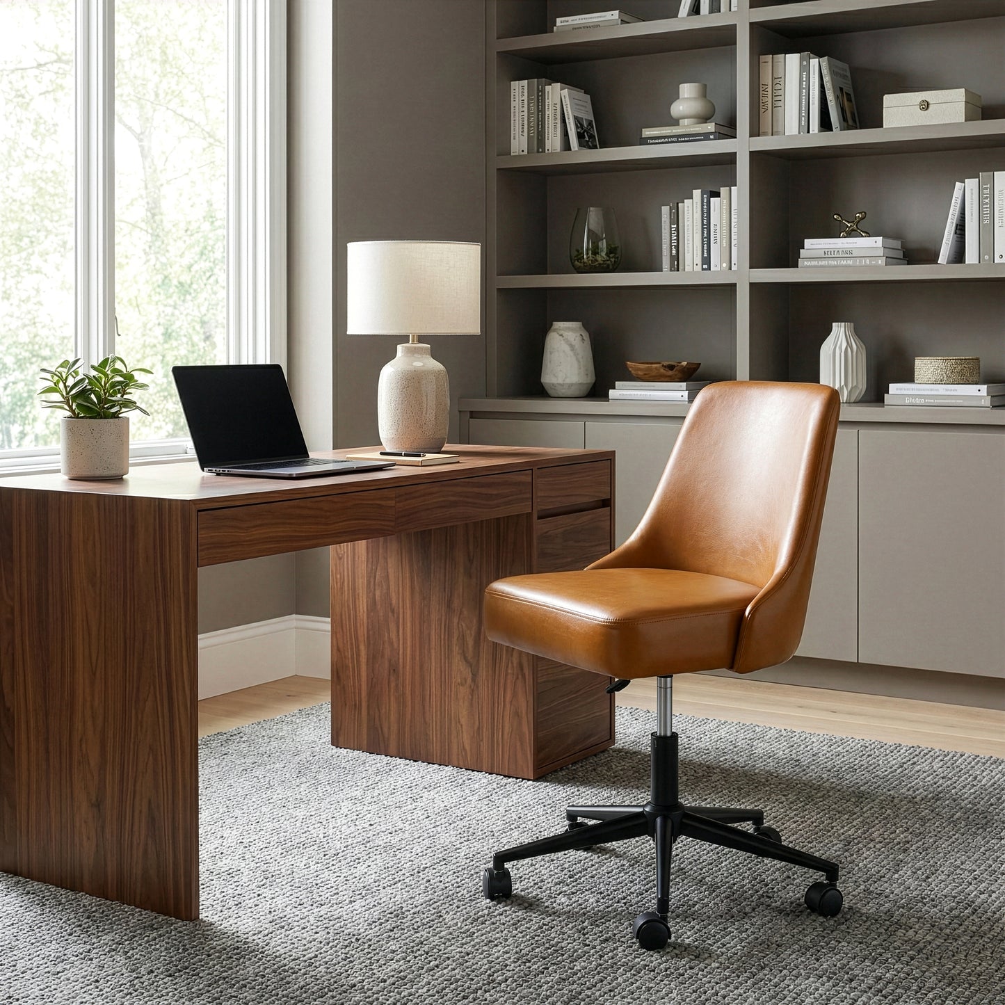 Aurica Light Brown Faux Leather Adjustable Height Swivel Office Chair with Wheel Base