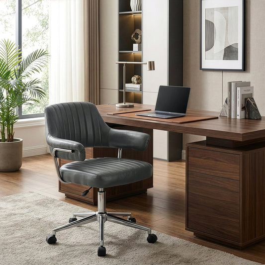 Avery Gray Faux Leather Adjustable Height Swivel Office Chair with Arms