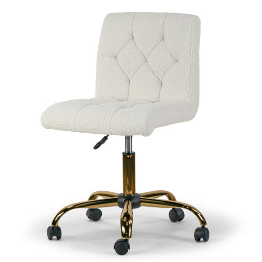Aman Cream Boucle Upholstered Adjustable Height Swivel Office Chair with Golden Frame Wheel Base