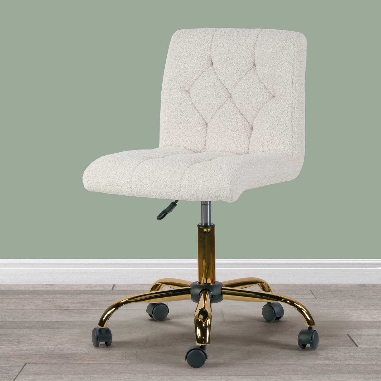 Aman Cream Boucle Upholstered Adjustable Height Swivel Office Chair with Golden Frame Wheel Base