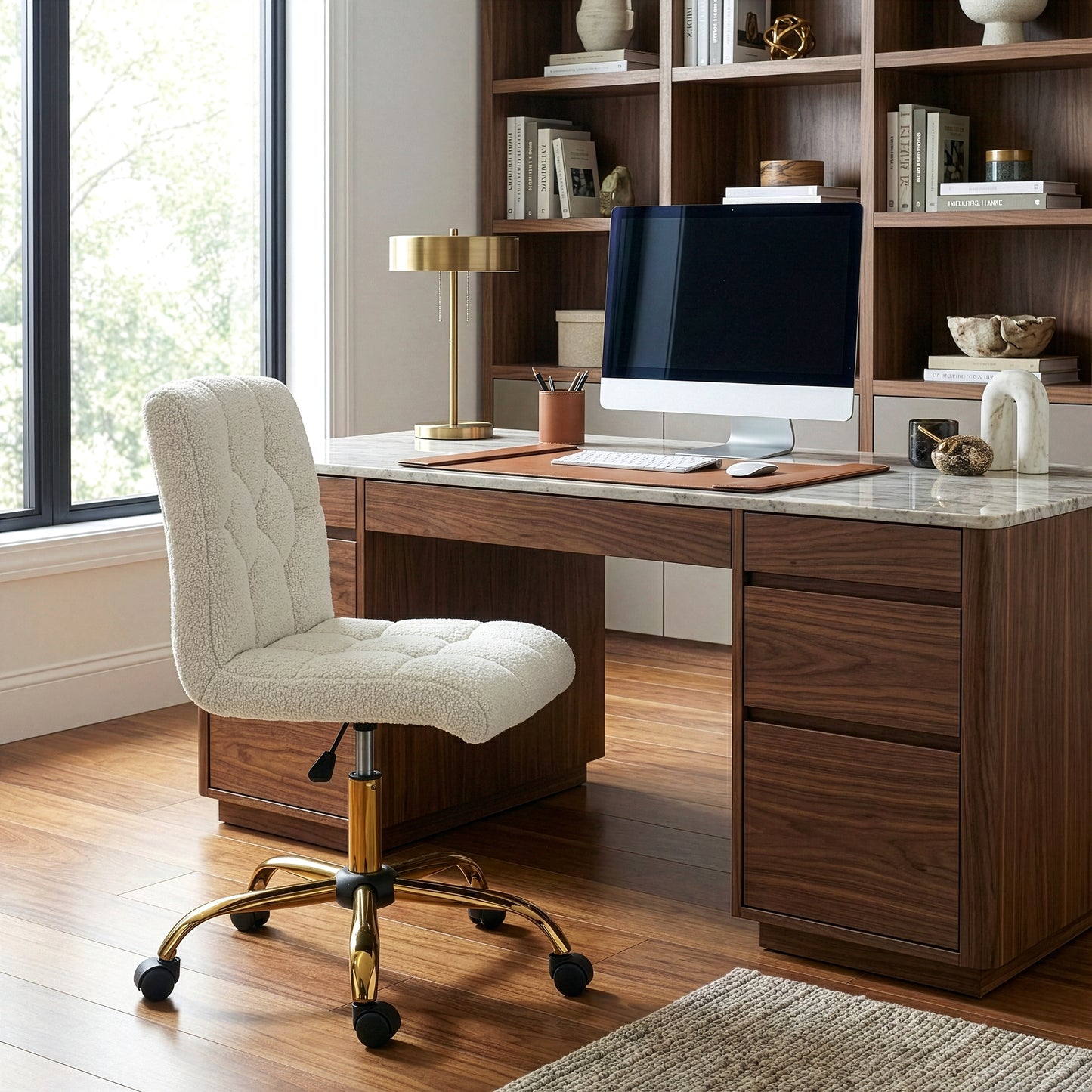 Aman Cream Boucle Upholstered Adjustable Height Swivel Office Chair with Golden Frame Wheel Base