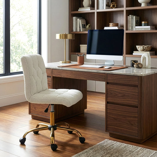 Aman Cream Boucle Upholstered Adjustable Height Swivel Office Chair with Golden Frame Wheel Base