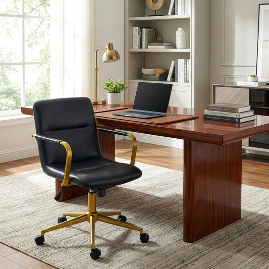 Azel Black Faux Leather Office Chair with Gold Wheel Base