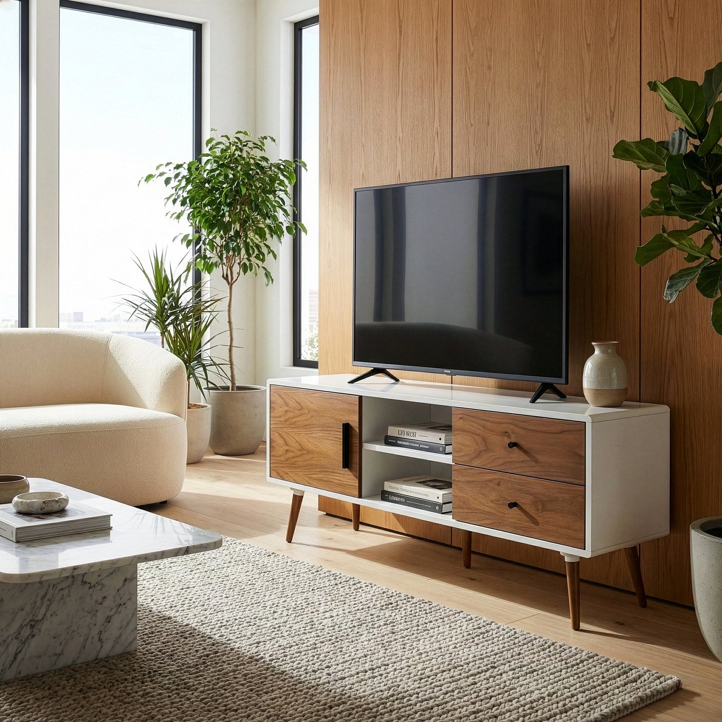 Alta Scandinavian Style Walnut and White Finish TV Stand