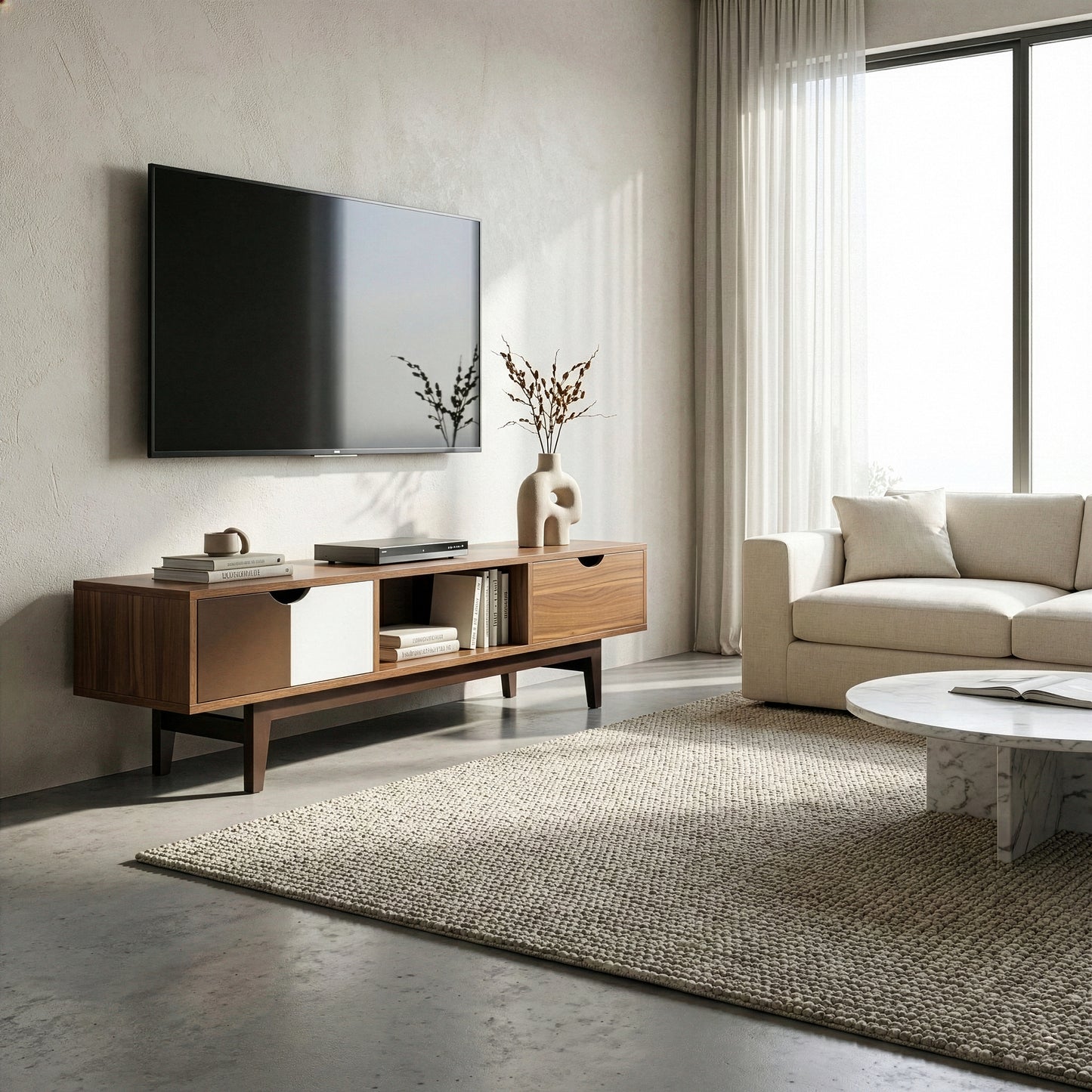 Alvin Scandinavian Style Walnut Finish TV Stand with Contrasting Drawers