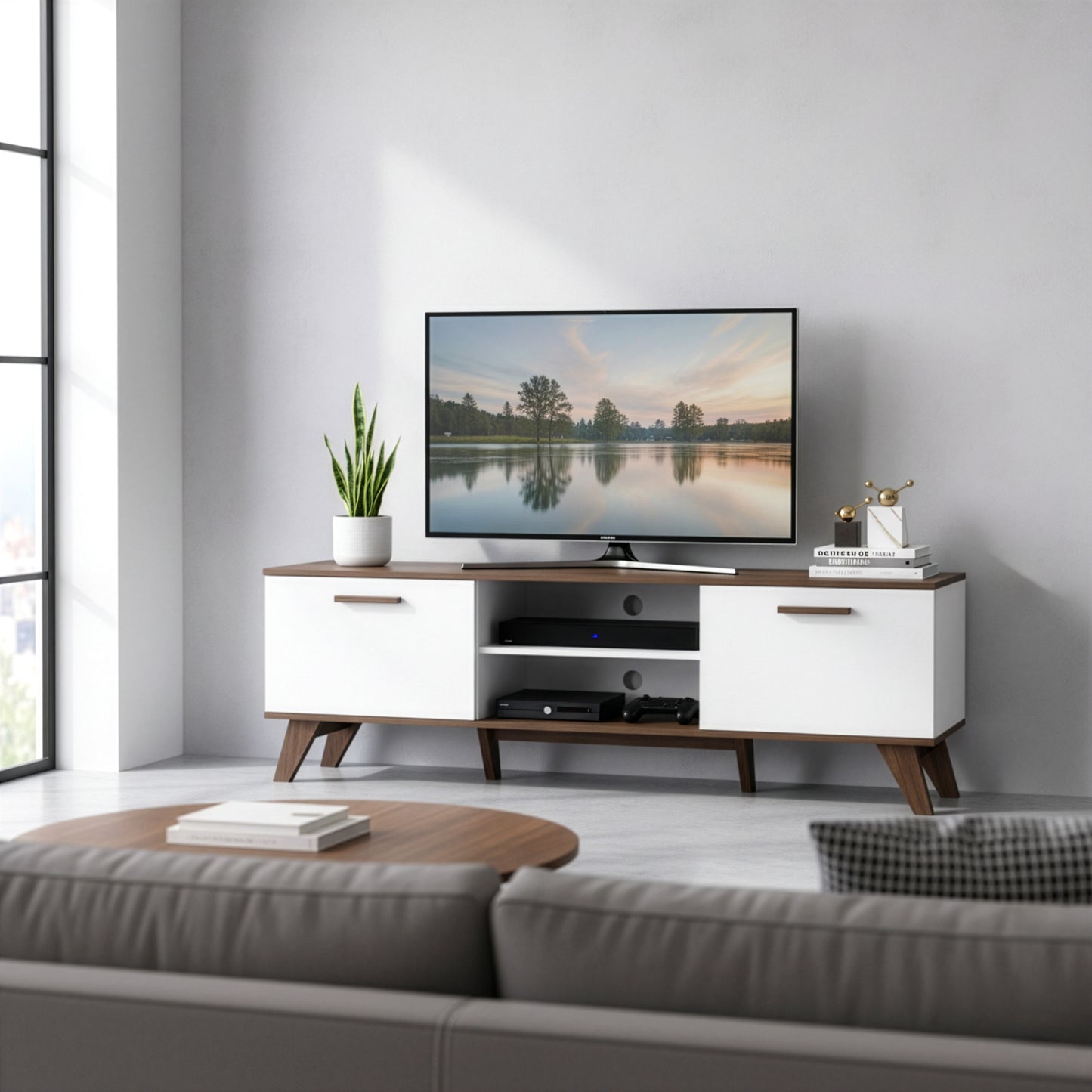 Annis TV Stand Walnut Finish with Contrasting White Door