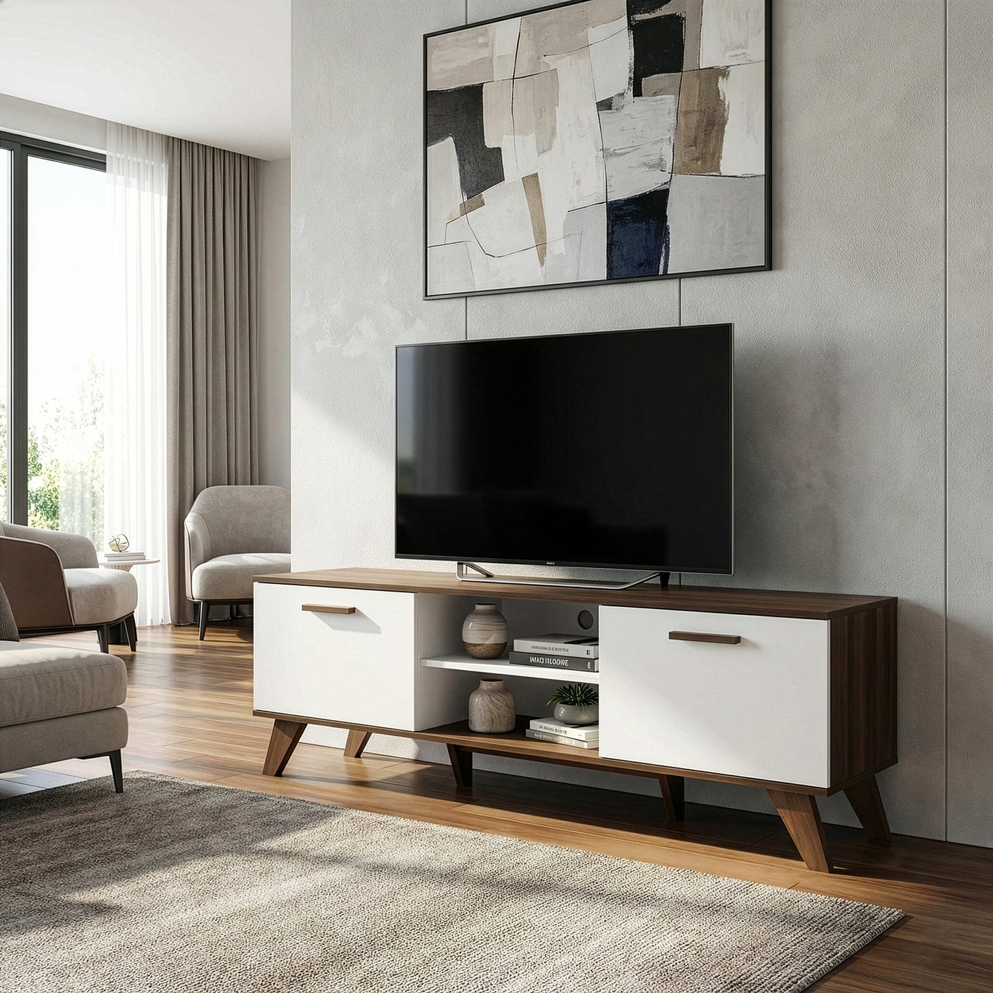 Annis TV Stand Walnut Finish with Contrasting White Door