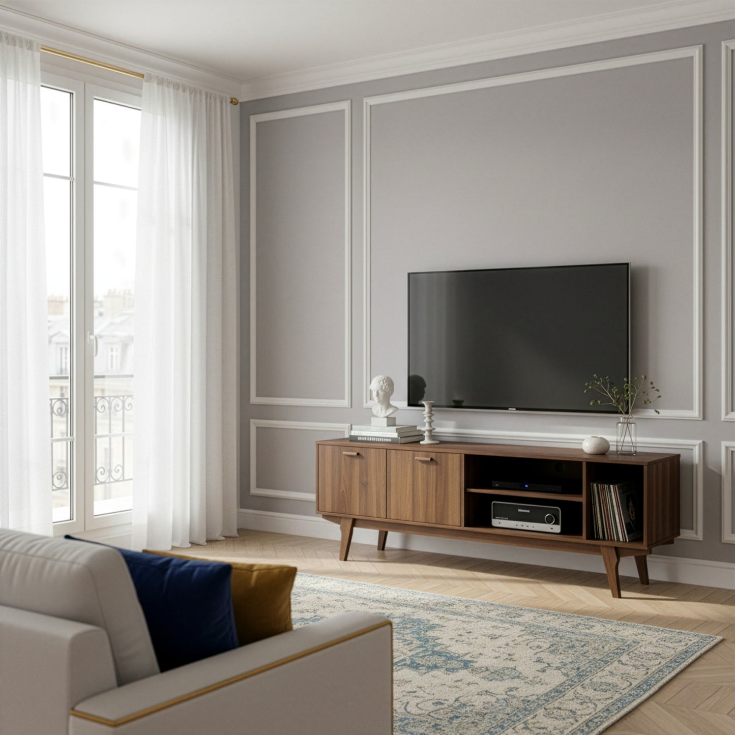 Anona TV Stand with Two Cabinets and Open Shelves