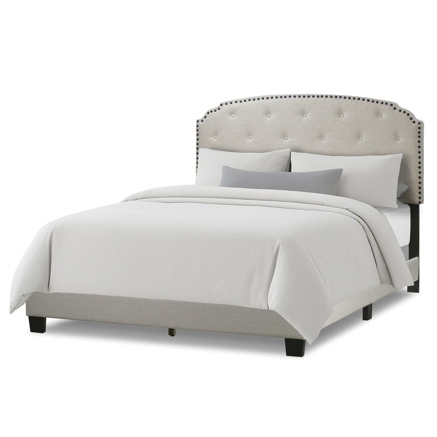 Arin Beige Fabric Queen Bed with Button Tufting and Black Nail Head Trim