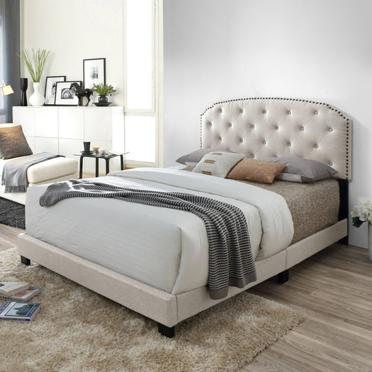 Arin Beige Fabric Queen Bed with Button Tufting and Black Nail Head Trim