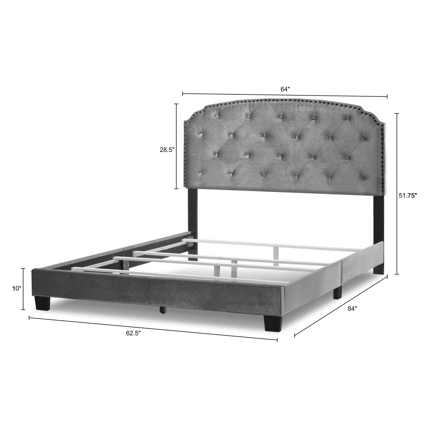 Arin Beige Fabric Queen Bed with Button Tufting and Black Nail Head Trim