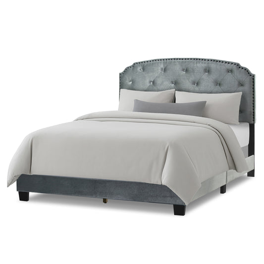 Arin Silver Gray Velvet Queen Bed with Button Tufting and Black Nail Head Trim