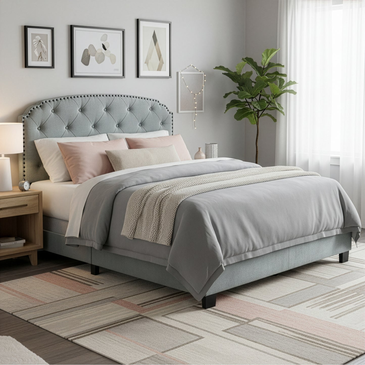 Arin Silver Gray Velvet Queen Bed with Button Tufting and Black Nail Head Trim
