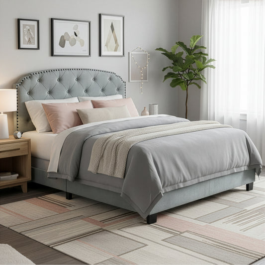 Arin Silver Gray Velvet Queen Bed with Button Tufting and Black Nail Head Trim