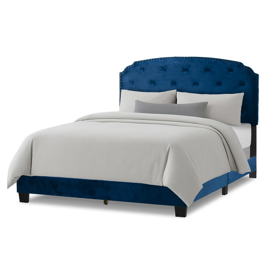 Arin Navy Blue Velvet Queen Bed with Button Tufting and Black Nail Head Trim