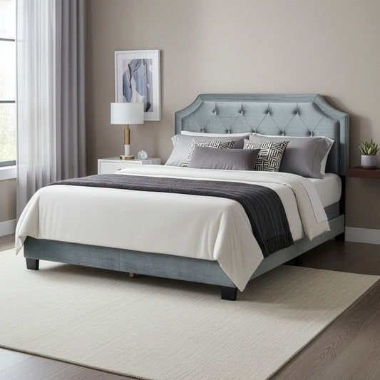 Aria Silver Gray Velvet Queen Bed with Piping and Button Tufting