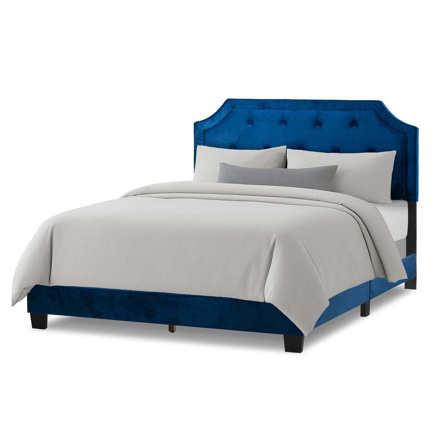 Aria Navy Blue Velvet Queen Bed with Piping and Button Tufting