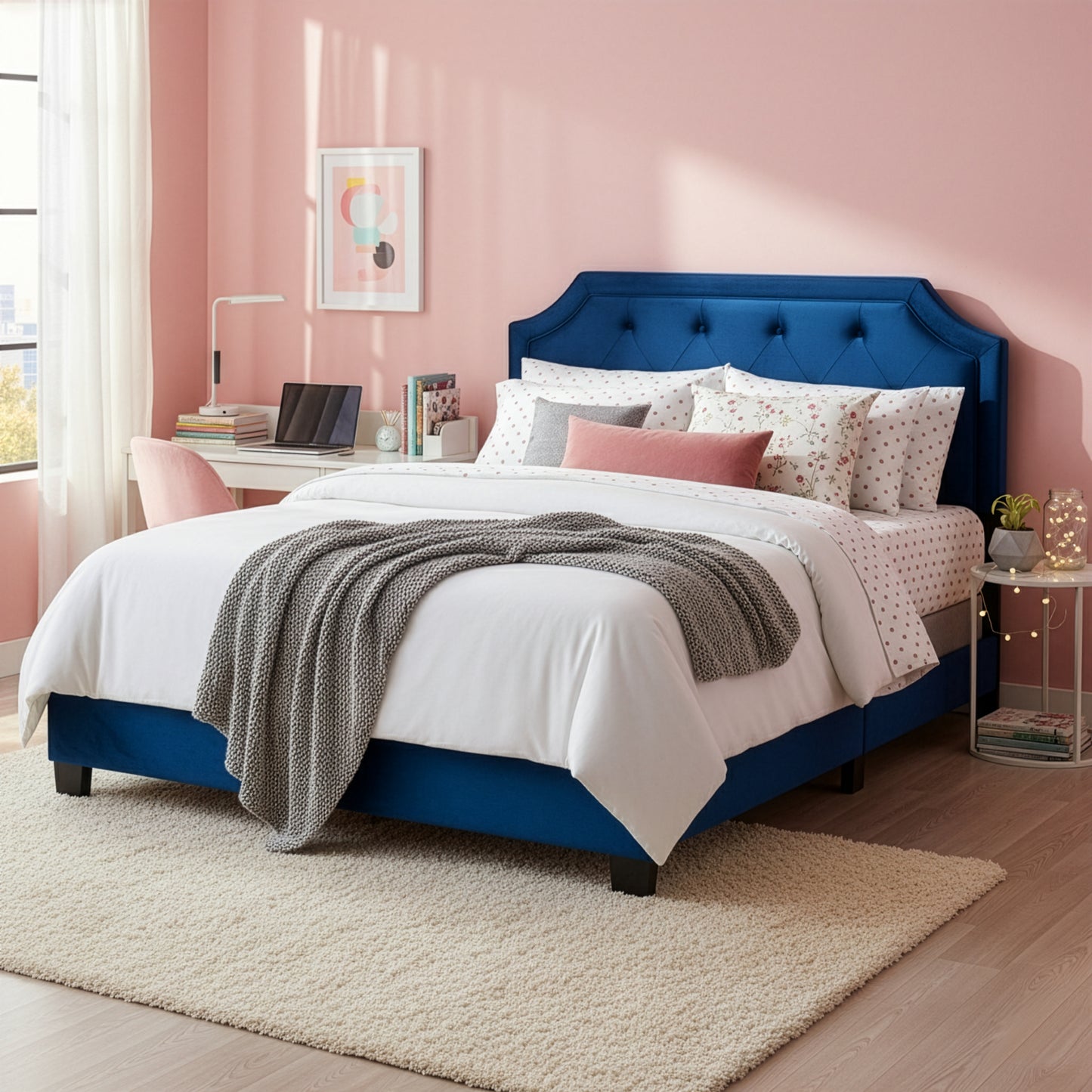 Aria Navy Blue Velvet Queen Bed with Piping and Button Tufting