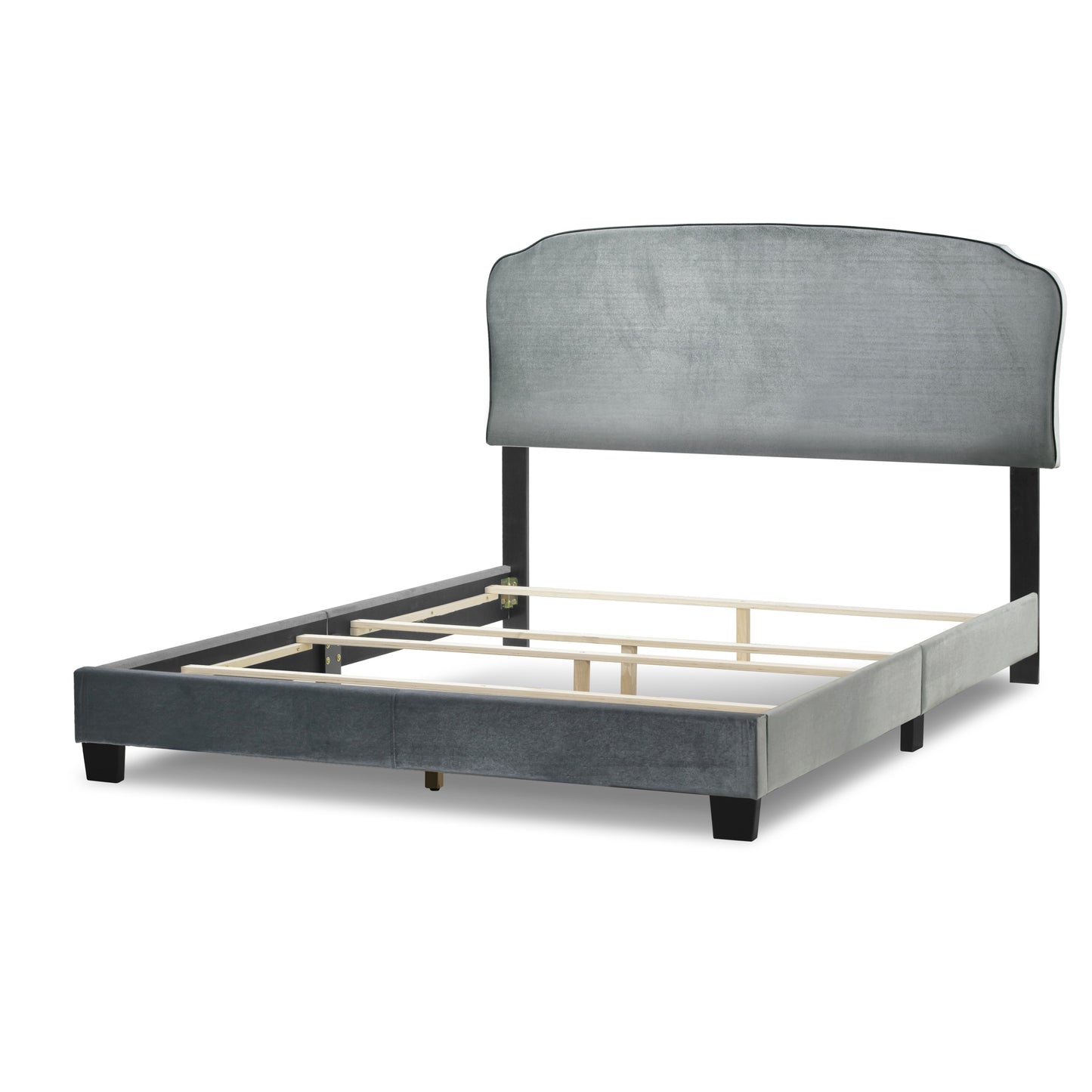 Aric Silver Gray Velvet Queen Bed with Contrasting Piping Accent