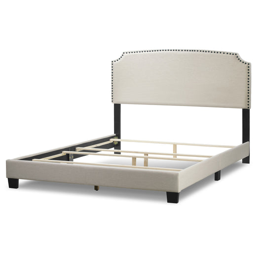 Arezo Beige Fabric Queen Bed with Black Nail Head Trim