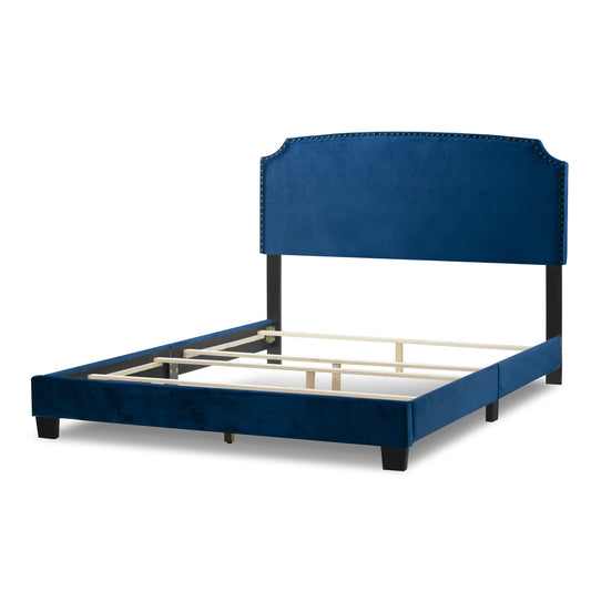 Arezo Navy Blue Velvet Queen Bed with Black Nail Head Trim