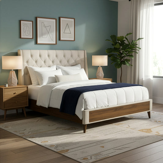 Arlo Beige Fabric Queen Bed with Wings and Button Tufting