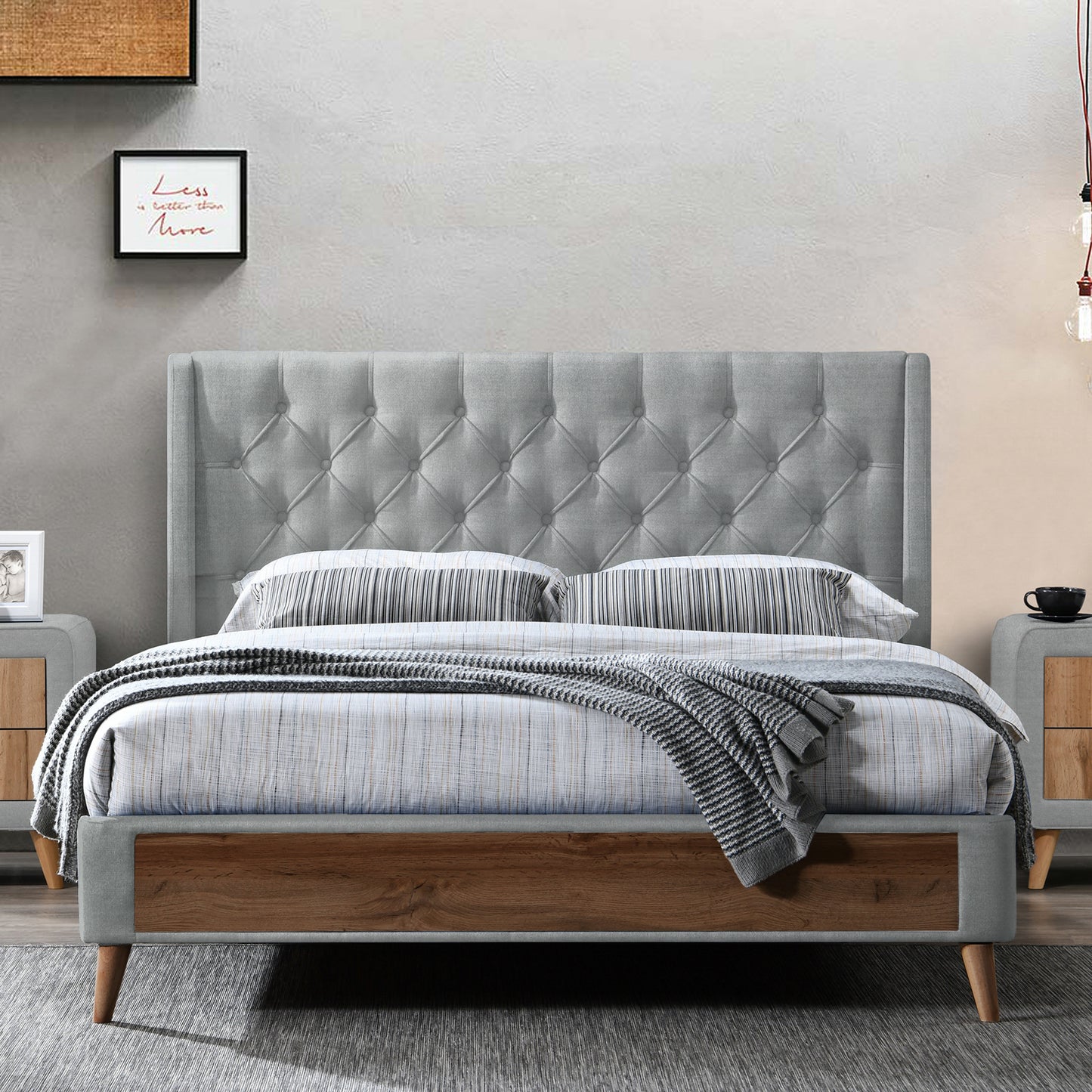 Arlo Silver Gray Velvet Queen Bed with Wings and Button Tufting