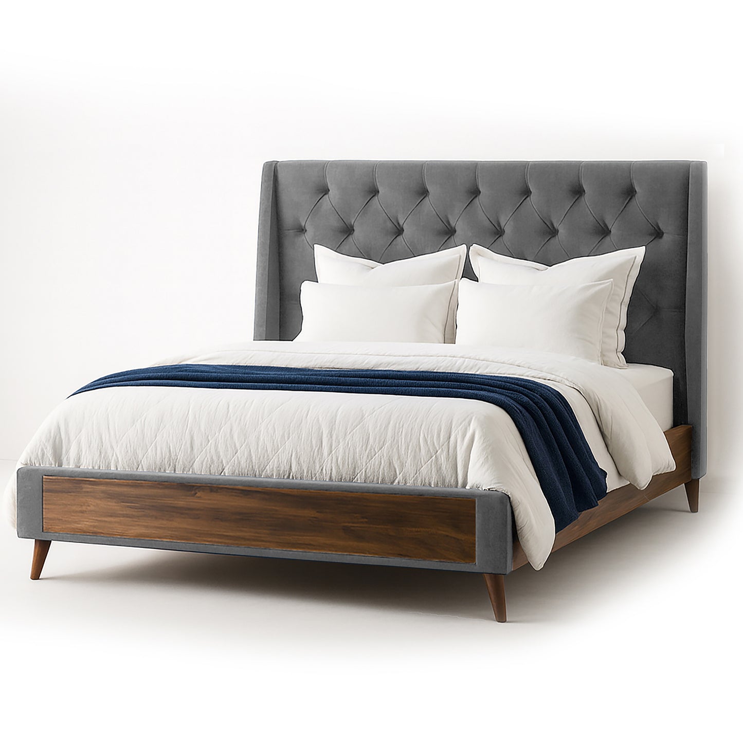 Arlo Silver Gray Velvet Queen Bed with Wings and Button Tufting