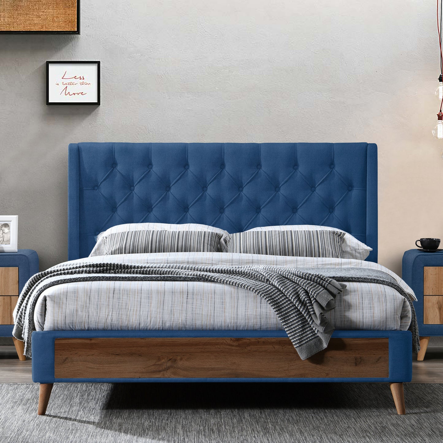 Arlo Navy Blue Velvet Queen Bed with Wings and Button Tufting