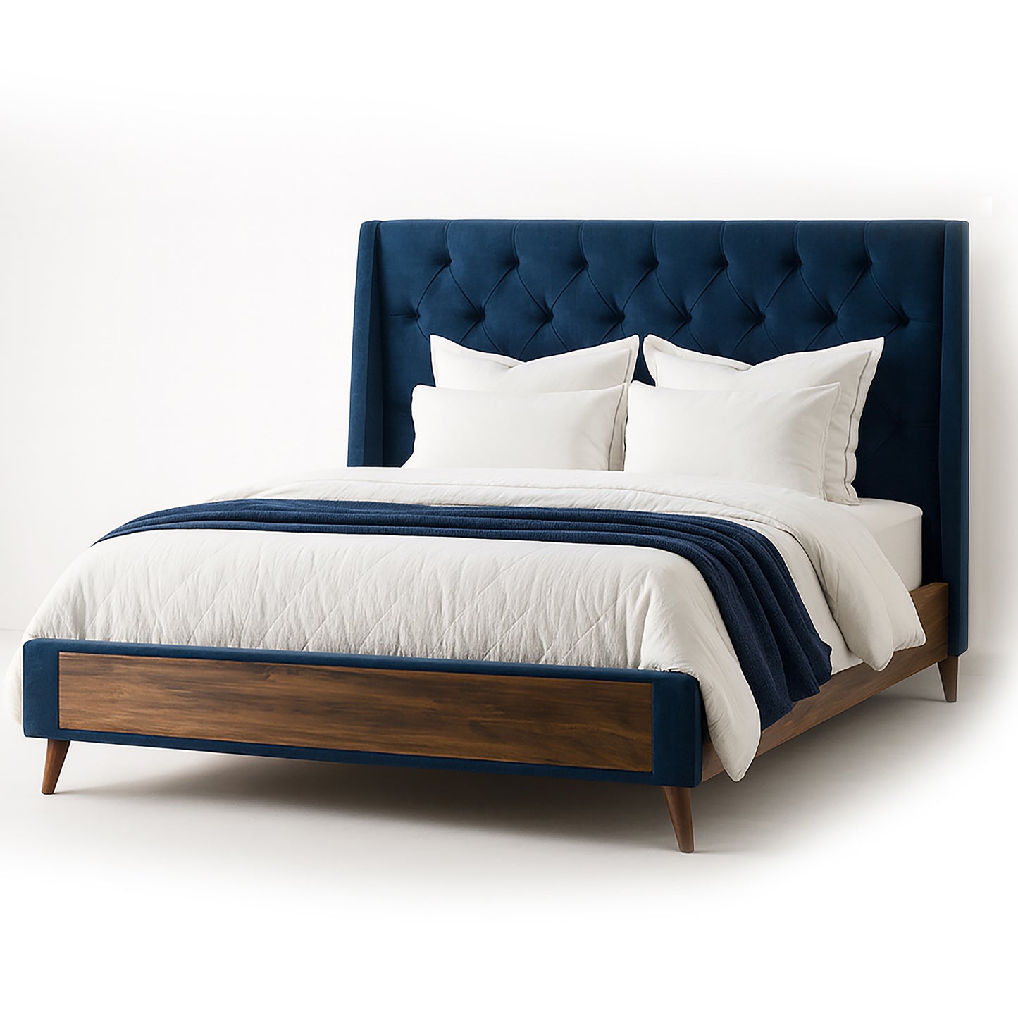 Arlo Navy Blue Velvet Queen Bed with Wings and Button Tufting
