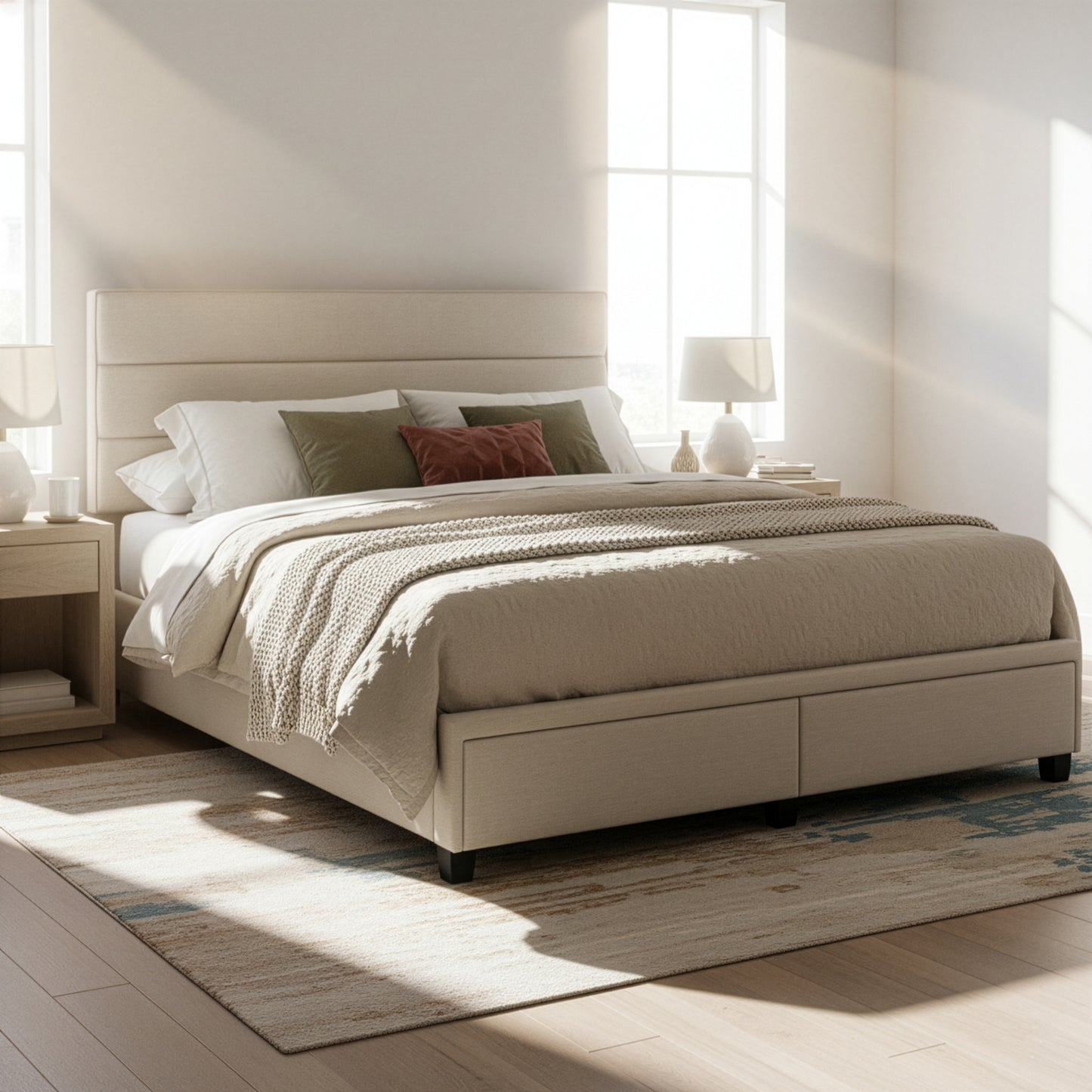 Arnia Beige Fabric Queen Bed Captain’s Bed with Two Storage Drawers