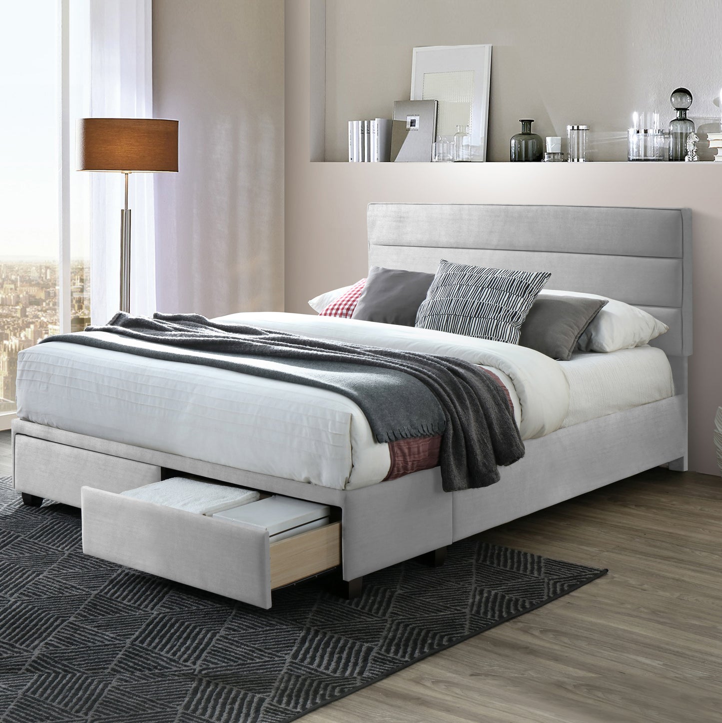 Arnia Silver Gray Queen Bed Captain’s Bed with Two Storage Drawers