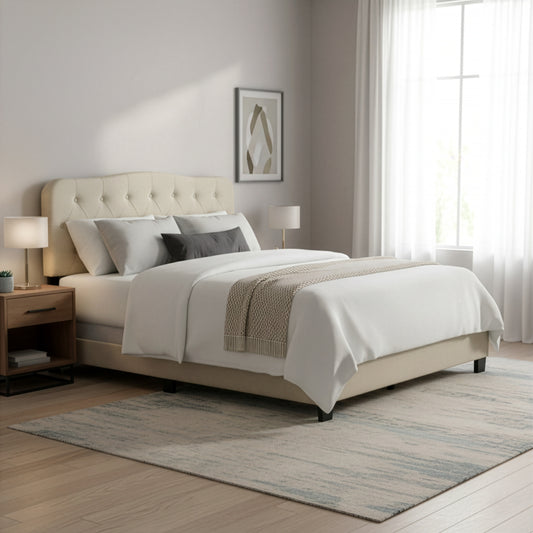Artan Beige Fabric Queen Bed with Button Tufting