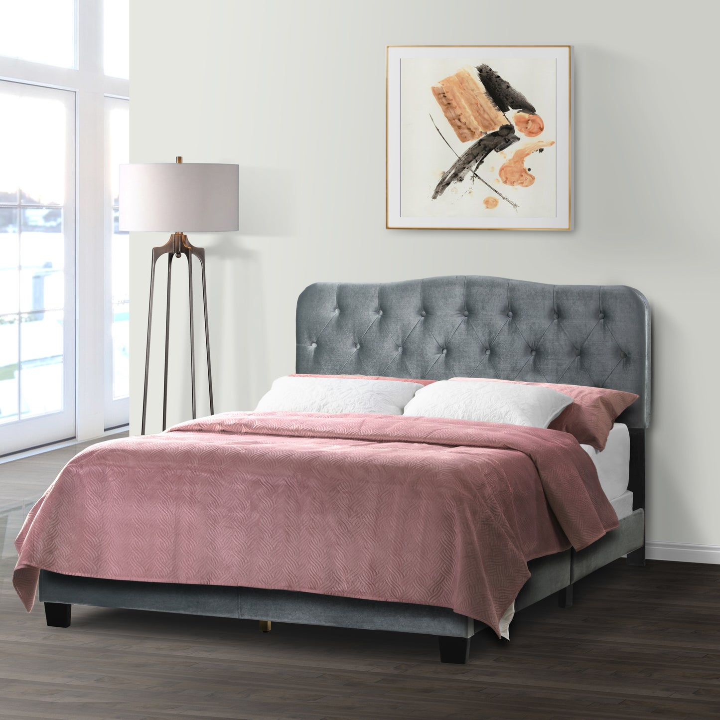 Artan Silver Gray Velvet Queen Bed with Button Tufting