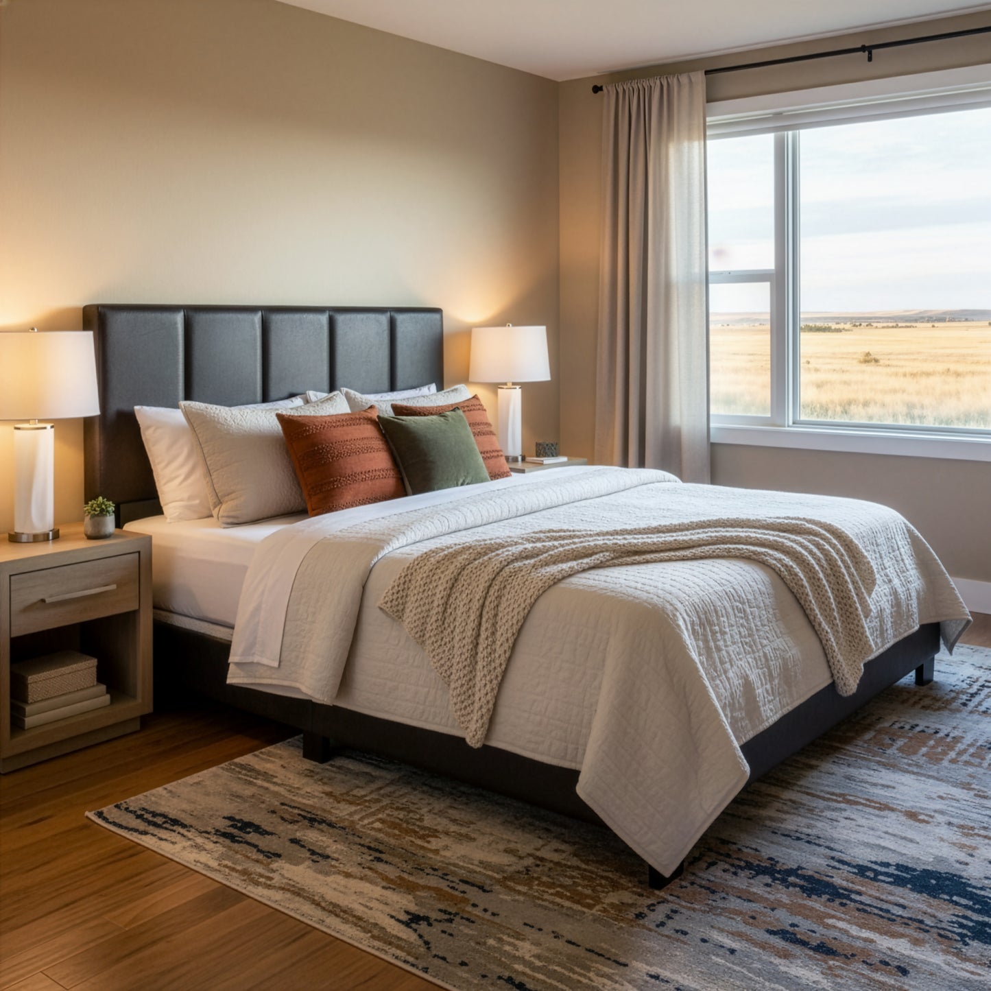 Arty Black Brown Faux Leather Queen Bed with Line Stitch Tufting