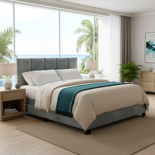 Arty Silver Gray Velvet Queen Bed with Line Stitch Tufting