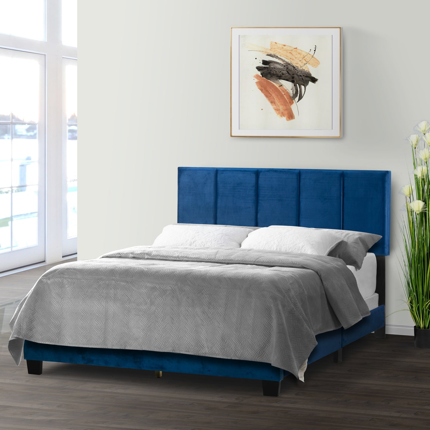 Arty Navy Blue Queen Bed with Line Stitch Tufting