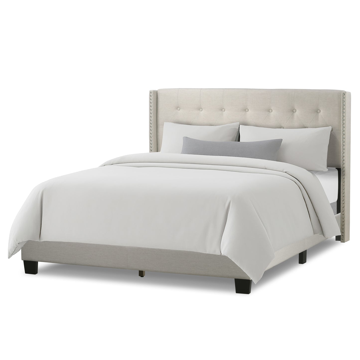 Asali Beige Fabric Queen Bed with Button Tufting and Nail Headed Wings