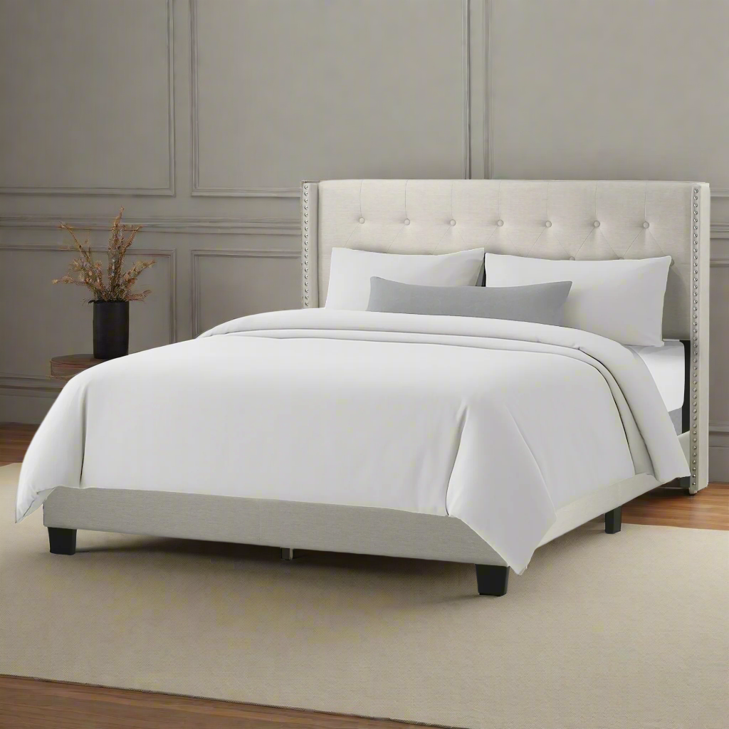 Asali Beige Fabric Queen Bed with Button Tufting and Nail Headed Wings