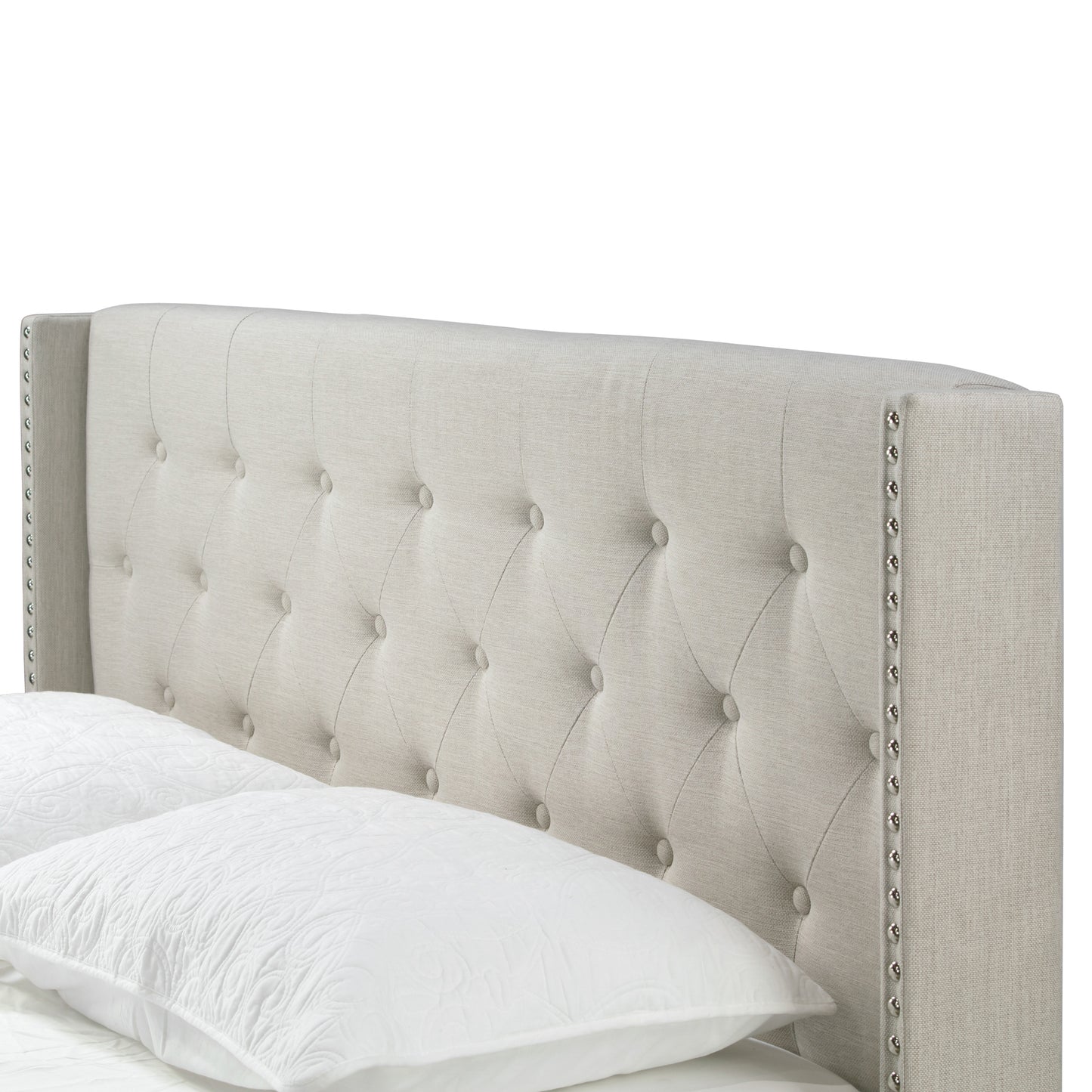 Asali Beige Fabric Queen Bed with Button Tufting and Nail Headed Wings