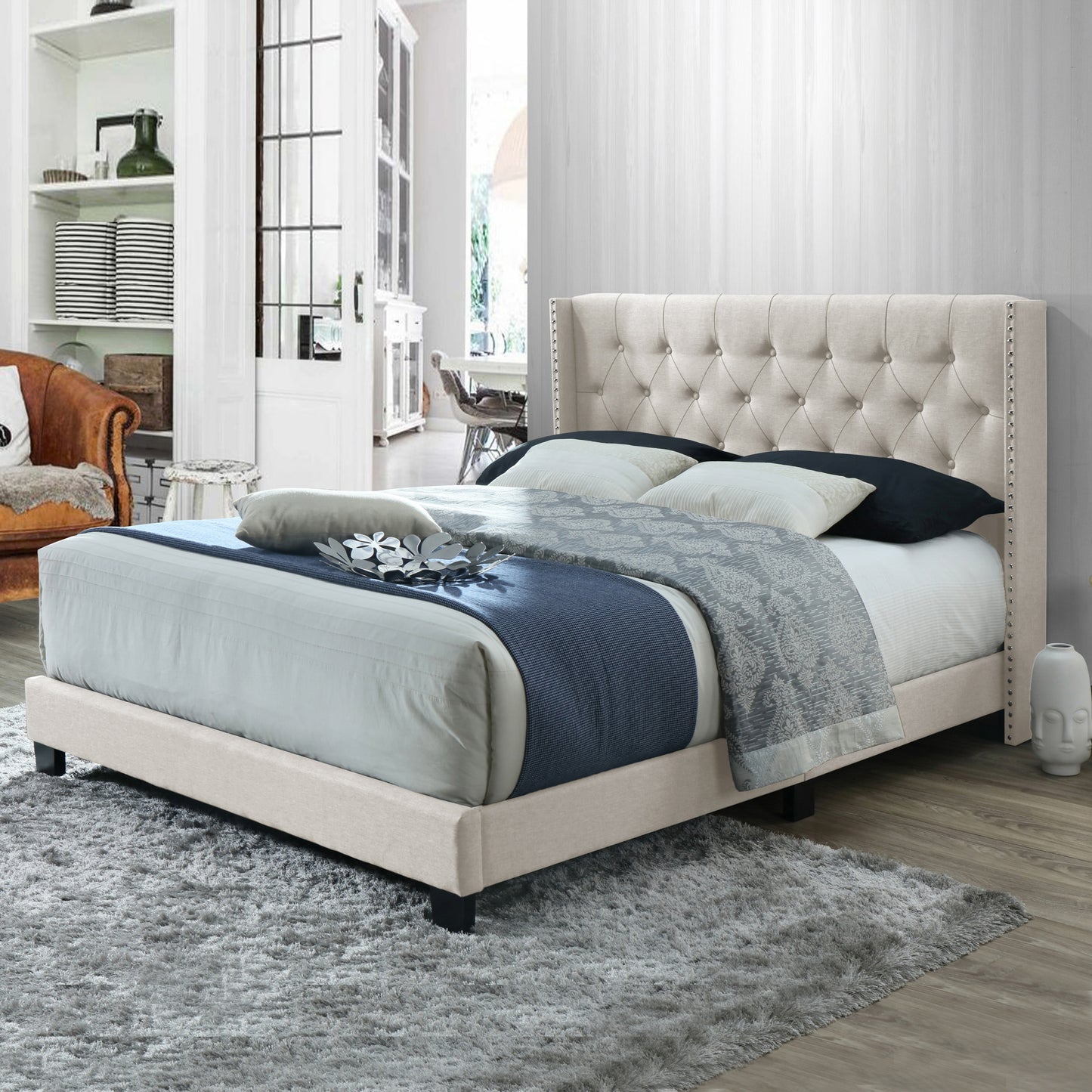 Asali Beige Fabric Queen Bed with Button Tufting and Nail Headed Wings