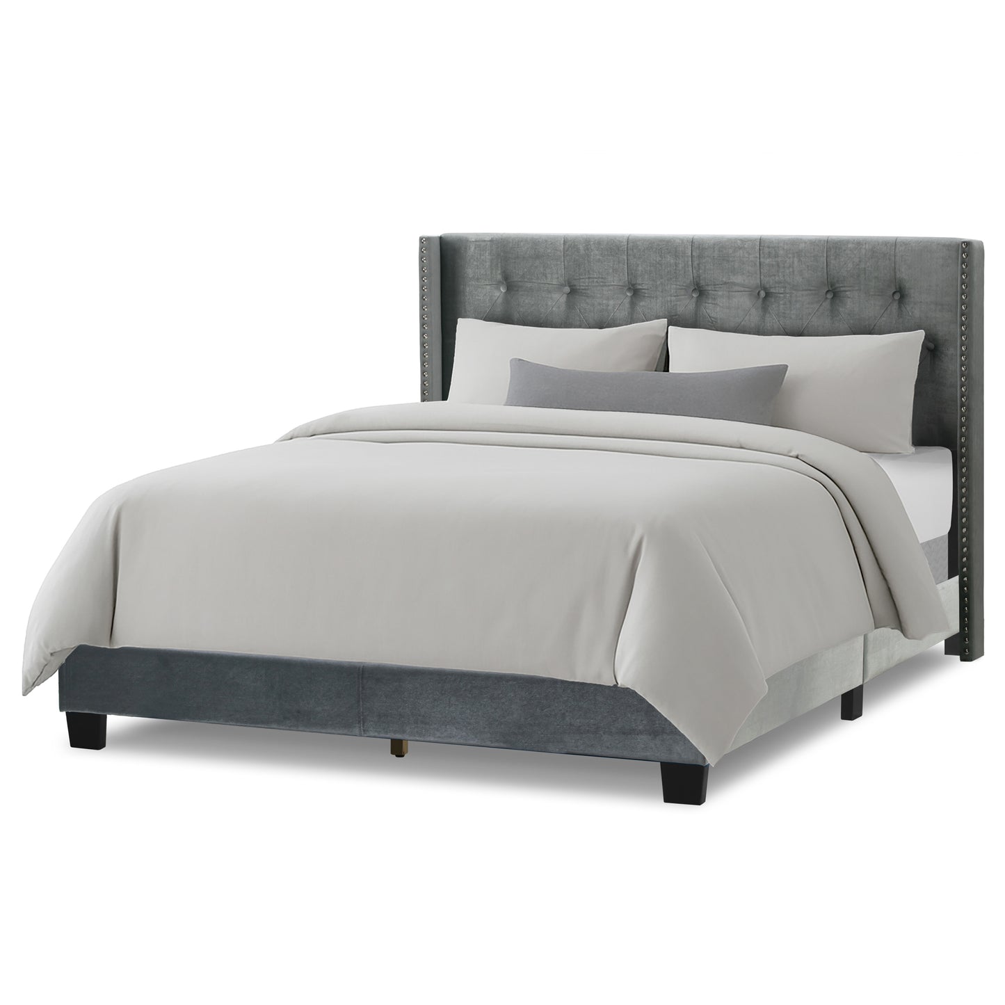 Asali Silver Gray Velvet Queen Bed with Button Tufting and Nail Headed Wings