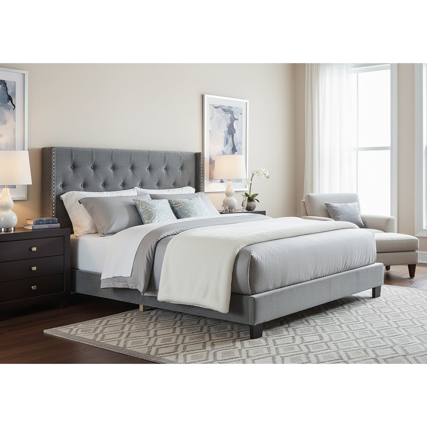 Asali Silver Gray Velvet King Bed with Button Tufting and Nail Headed Wings