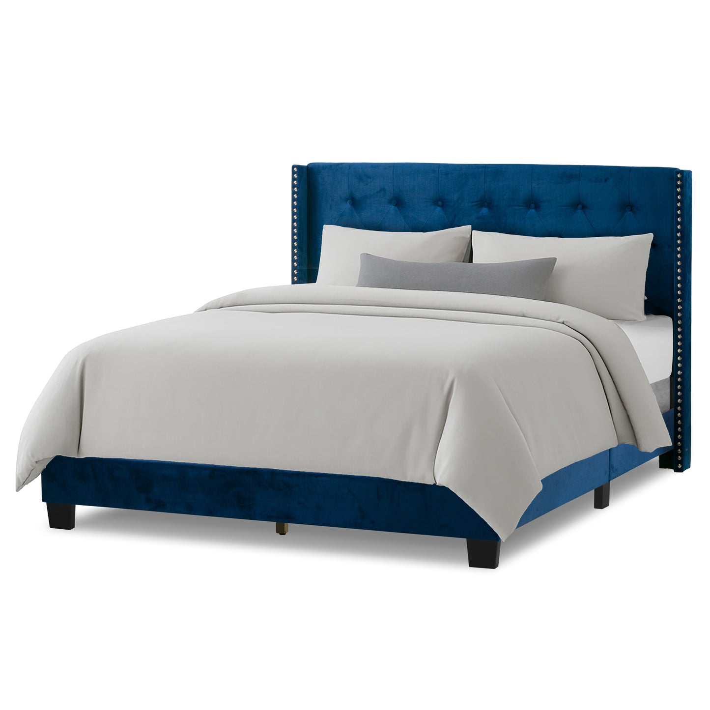 Asali Navy Blue Velvet Twin Bed with Button Tufting and Nail Headed Wings
